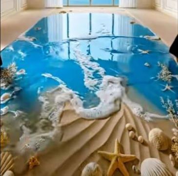 Piso epóxico decorativo 3D con diseño fotorrealista de playa caribeña con arena y olas marinas instalado en oficina o showroom